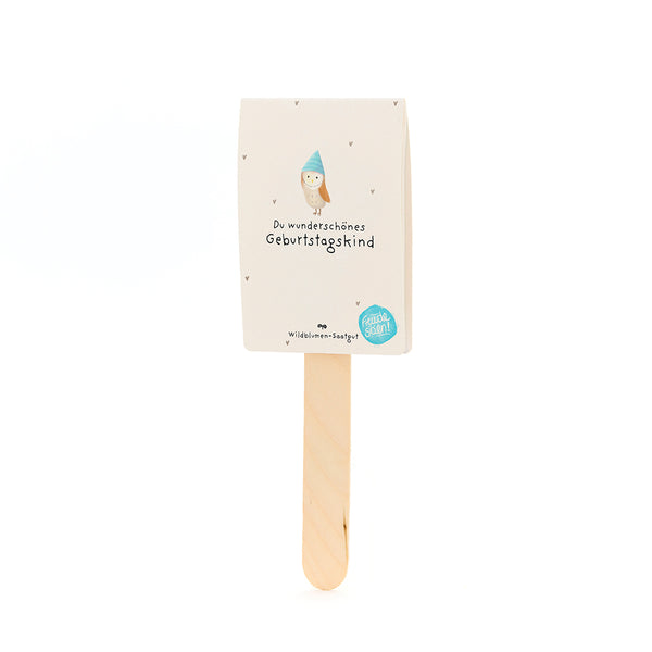 Ein Pflanzstäbchen mit Geburtstagsgruß „Du wunderschönes Geburtstagskind“ und einer kleinen Eulenzeichnung auf der Verpackung.