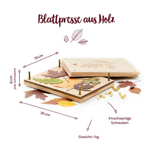 Holz-Blattpresse mit bunten Blättern, vier Schrauben und Maßen 25 x 19 x 6 cm, Gewicht 1 kg.