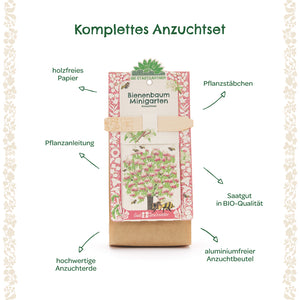 Komplettes Anzuchtset für Bienenbaum mit holzfreiem Papier, Pflanzstäbchen, Pflanzanleitung, hochwertiger Anzuchterde, Bio-Saatgut und aluminiumfreiem Anzuchtbeutel.