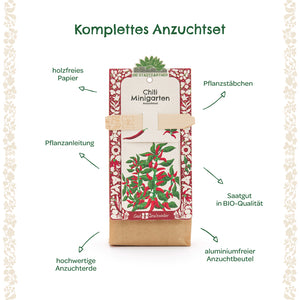 Komplettes Anzuchtset für Chili-Minimigarten mit Pflanzstab, Pflanzanleitung, Saatgut in Bio-Qualität, holzfreiem Papier, hochwertiger Anzuchterde und aluminiumfreiem Anzuchtbeutel.