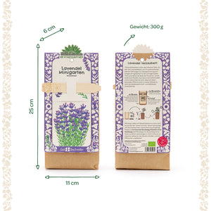 Zwei Tüten des "Lavendel Minigarten Anzuchtsets" von Die Stadtgärtner, eine von vorne mit Lavendelillustration und eine von hinten mit Anleitung und Beschreibung, Abmessungen und Gewicht sind angegeben.