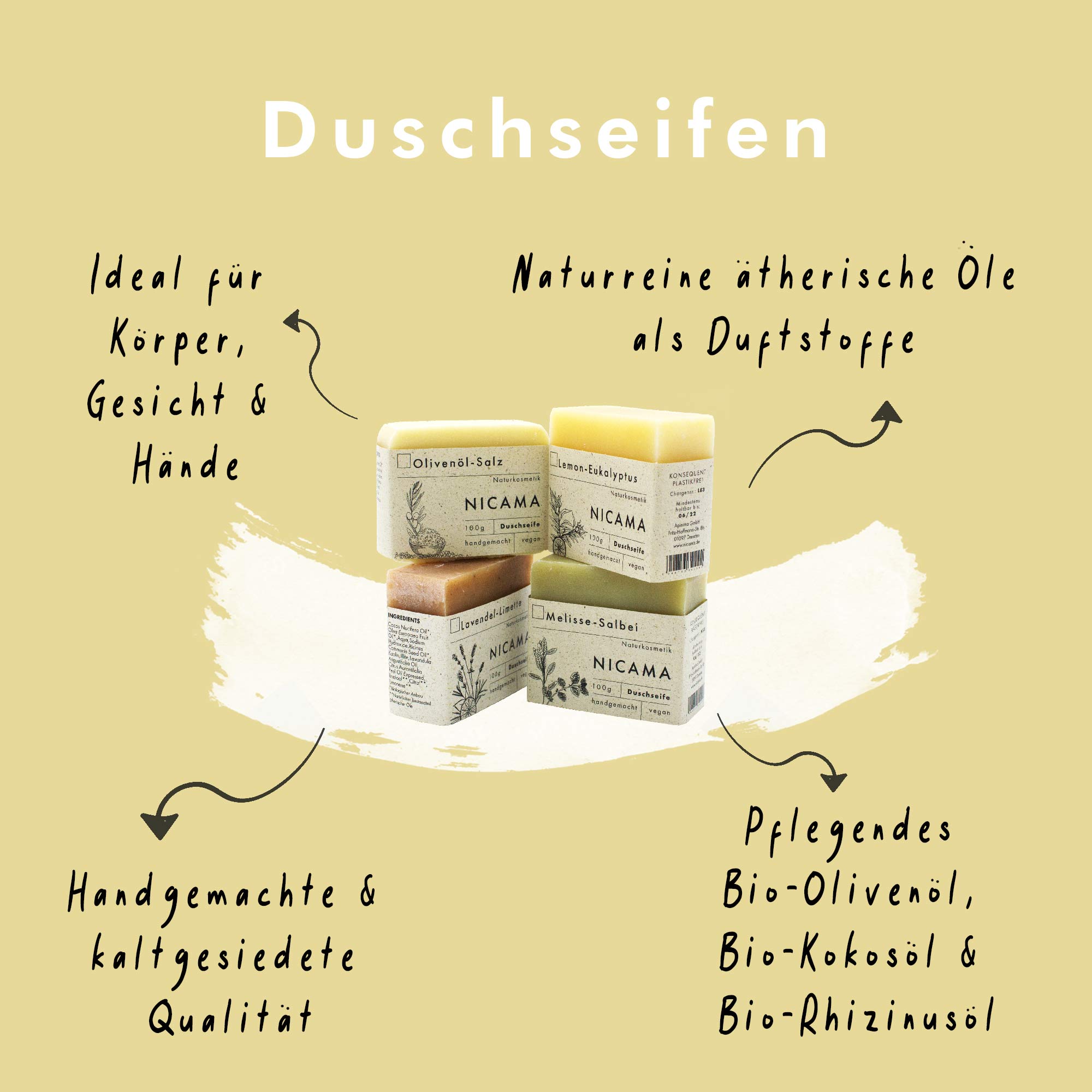 4-delige set douchezeep in een katoenen zak.