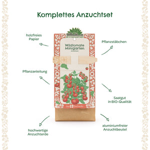 Abbildung eines kompletten Anzuchtsets für Wildtomaten mit Pflanzanleitung, Pflanzstäbchen, hochwertiger Anzuchterde, BIO-Saatgut, holzfreiem Papier und aluminiumfreiem Beutel.