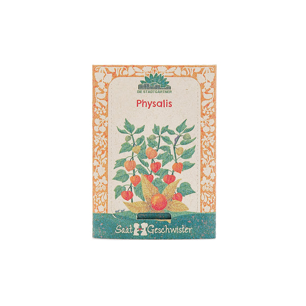 Saatgut-Tüte für Physalis mit bunter Illustration der Pflanze und orangem Blumenrand.