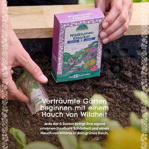 Eine Person hält eine bunte Samenpackung „Wildblumen Klassiker“ über frischer Erde im Garten; Text beschreibt die Wildblumensamen und betont den Hauch von Wildheit für verträumte Gärten.