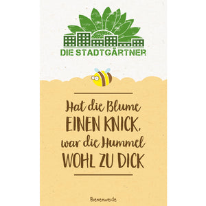 Illustration mit grünem Stadtgarten-Logo, einer gezeichneten Biene und dem Spruch „Hat die Blume einen Knick, war die Hummel wohl zu dick“ auf gelbem Hintergrund.