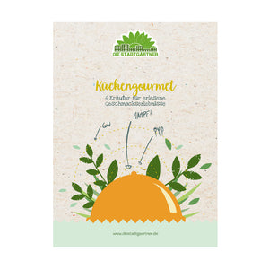 Illustration einer Gewürzpflanzen-Verpackung mit dem Text "Küchengourmet, 6 Kräuter für erlebte Geschmackserlebnisse" und dem Logo "Die Stadtgärtner" oben.
