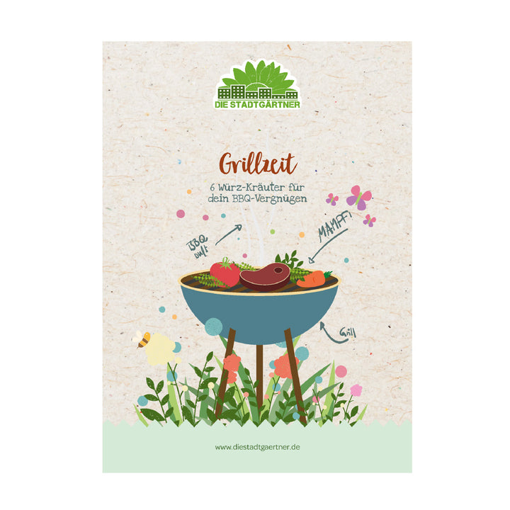 Illustration einer Grillparty mit Kräutern und Gemüse auf einem Grill, Werbung für "Die Stadtgärtner" mit dem Slogan "Grillzeit - 6 Würz-Kräuter für dein BBQ-Vergnügen".