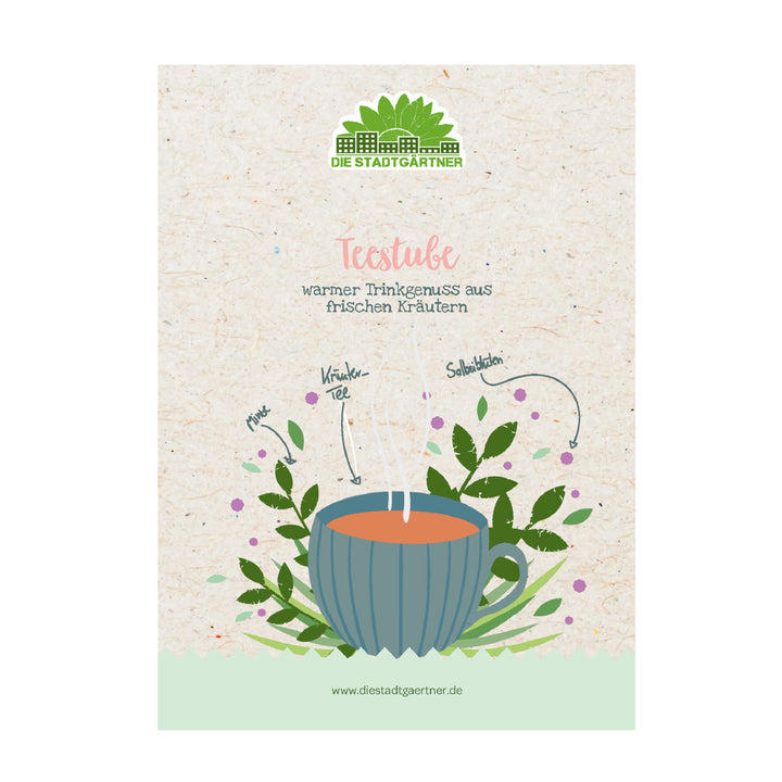 Illustration einer Teetasse mit Kräutern, darüber der Text „Teestube – warmer Trinkgenuss aus frischen Kräutern“ und das Logo „Die Stadtgärtner“.