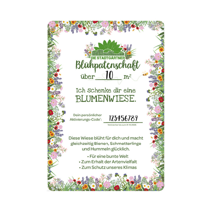 Geschenkzertifikat für eine Blühpatenschaft über 10 Quadratmeter Blumenwiese mit buntem Blumenrahmen und Informationen zur Förderung von Artenvielfalt und Klimaschutz.