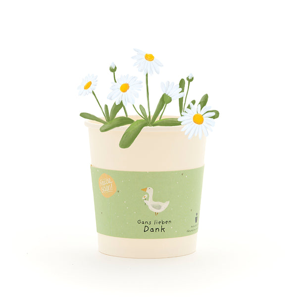 Ein cremefarbener Blumentopf mit weißen Gänseblümchen und grünem Etikett, darauf eine gezeichnete Gans und der Text "Gans lieben Dank".