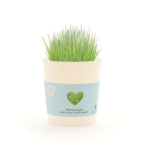 Becher mit grünem Gras und einer Banderole, auf der ein grünes Herz und der Text „Herzrasen kann man nicht mähen“ abgebildet sind.