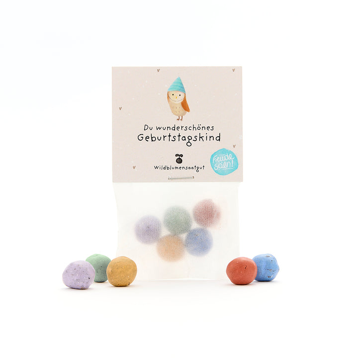Tüte mit bunten Wildblumensamen-Bällchen und einer Geburtstagskarte mit der Aufschrift „Du wunderschönes Geburtstagskind“.