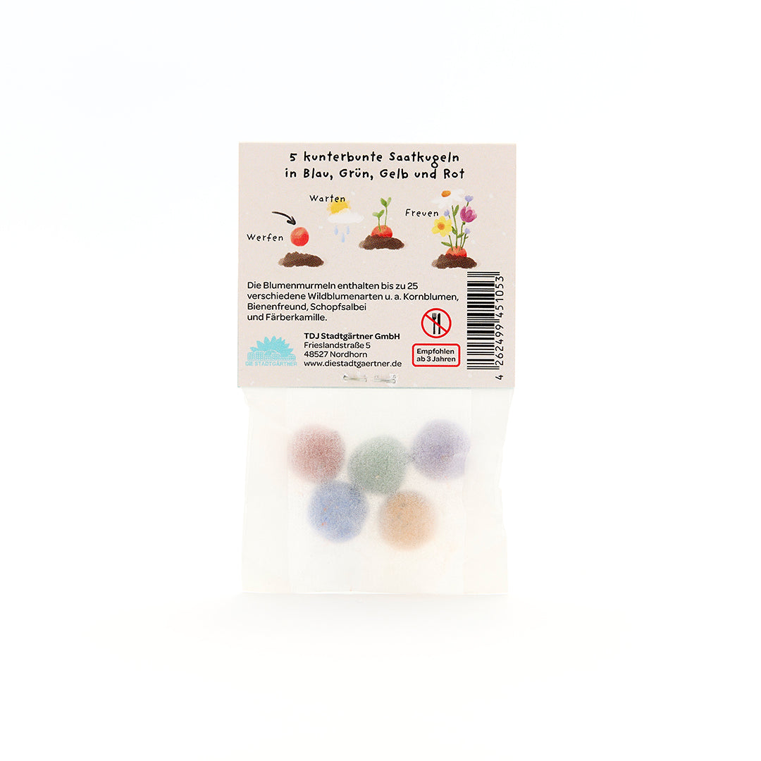 Fünf bunte Saatkugeln in einer transparenten Verpackung mit einer beschrifteten Anleitung auf Deutsch.