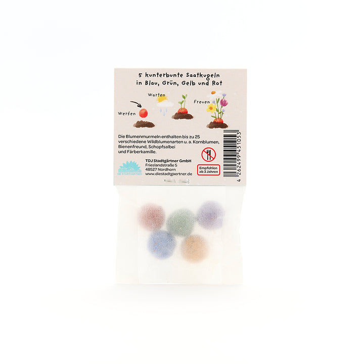 Fünf bunte Saatkugeln in einer transparenten Verpackung mit einer beschrifteten Anleitung auf Deutsch.