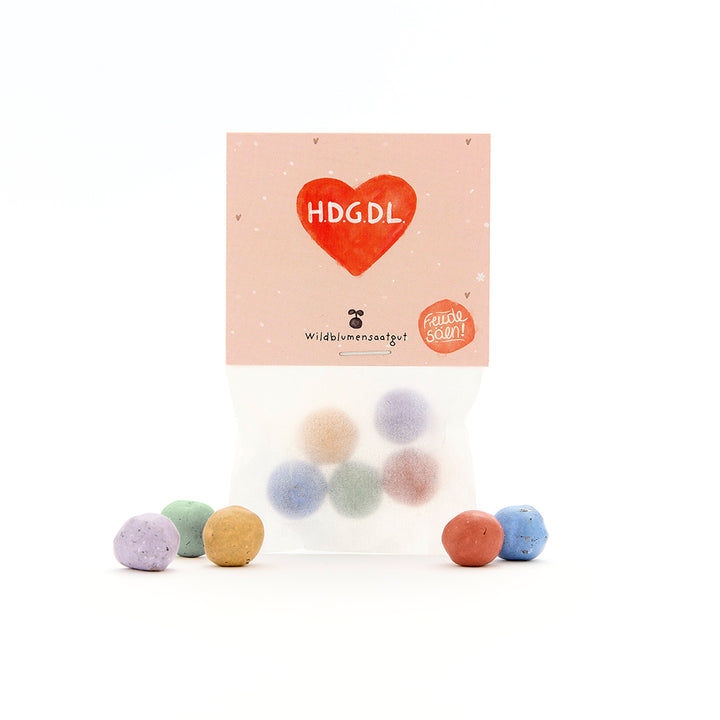 Tüte mit bunten Samenbällen, auf der Verpackung steht "H.D.G.D.L" in einem roten Herz und "Wildblumensaatgut".
