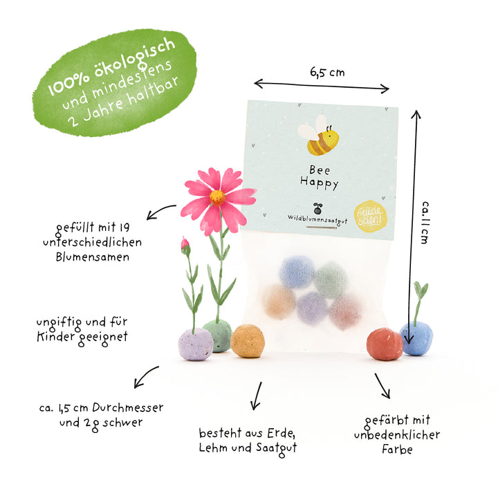 Tüte mit bunten Samenbällchen "Bee Happy", biologisch, ca. 6,5 x 11 cm groß, gefüllt mit 19 verschiedenen Blumensamen, kinderfreundlich, aus Erde, Lehm und ungiftigen Farben.