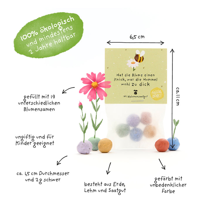 Packung mit bunten Samenbällchen, beschriftet mit Informationen auf Deutsch zu Inhalt, Größe, ökologischer Herstellung und kinderfreundlichen Eigenschaften, sowie gezeichneten Blumen und einer Biene.
