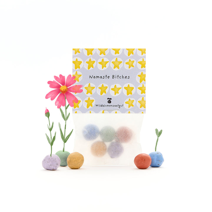 Tüte mit bunten Samenbomben und Aufschrift "Namaste Bitches", daneben blühende und keimende Wildblumen auf weißem Hintergrund.