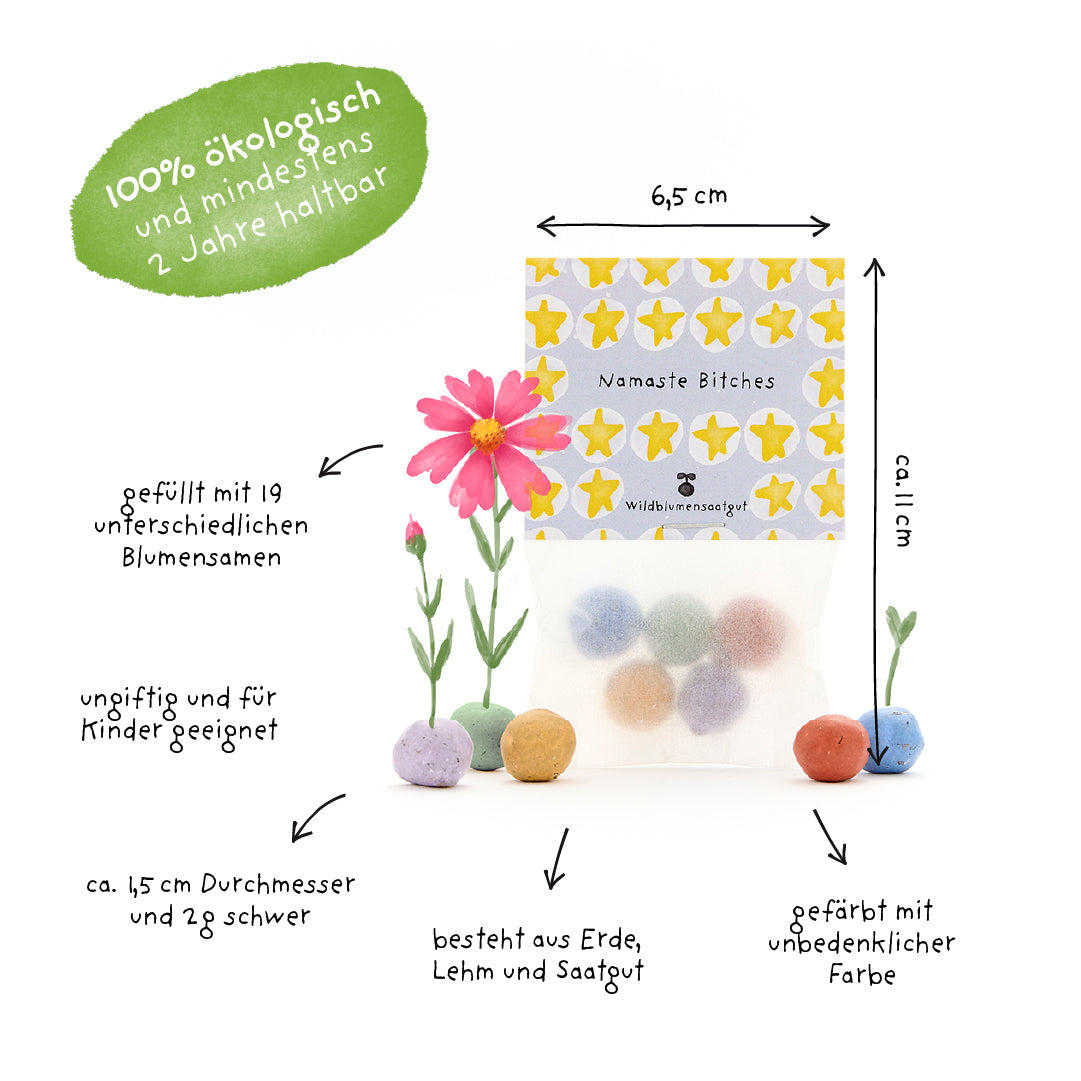 Tüte mit bunten Samenbällen, beschriftet mit Informationen auf Deutsch zu Größe, Inhaltsstoffen, ökologischer Herstellung und Eignung für Kinder, daneben einige blühende Blumen und grüne Markierung „100% ökologisch und mindestens 2 Jahre haltbar“.
