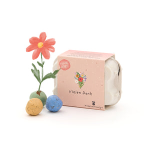 Kleine Geschenkbox mit der Aufschrift „Vielen Dank“, drei bunten Samenbällen und einer gemalten Blume.