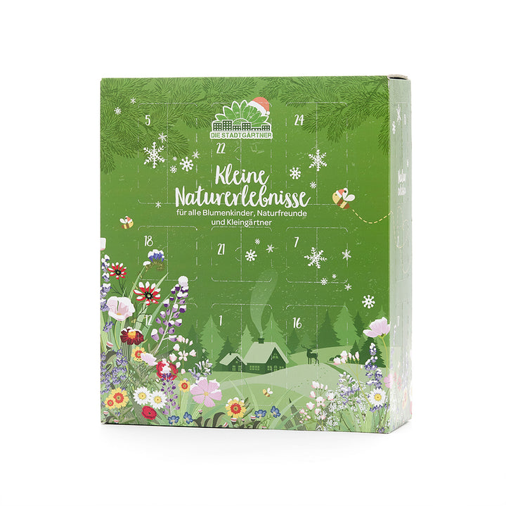 Grüner Adventskalender mit Blumen, Naturmotiven und der Aufschrift "Kleine Naturerlebnisse" für Kinder, Naturfreunde und Kleingärtner.