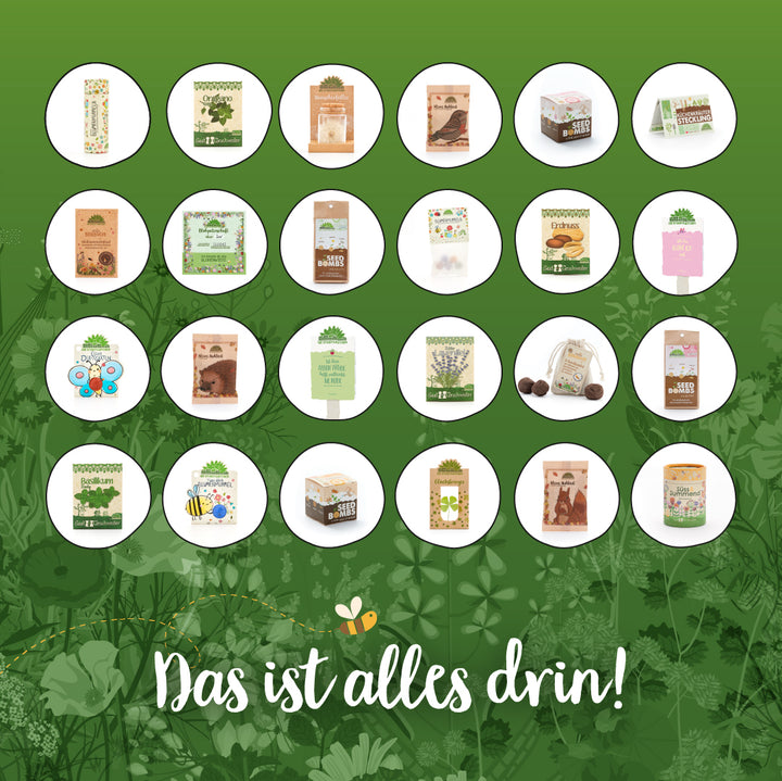 Verschiedene Samen- und Gartenprodukte in einzelnen Verpackungen auf grünem Hintergrund, darunter der Schriftzug "Das ist alles drin!".