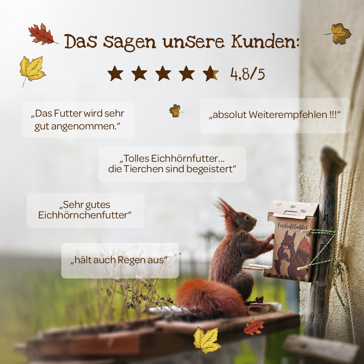 Ein rotes Eichhörnchen an einem Futterhäuschen, umgeben von Kundenbewertungen über Eichhörnchenfutter und einer 4,8 von 5 Sternebewertung.