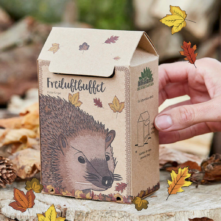 Pappschachtel mit Igel-Illustration und der Aufschrift "Freiluftbuffet", daneben eine Hand und Herbstblätter.