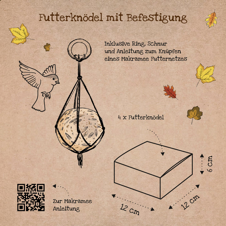 Illustration eines Futterknödels mit Makramee-Befestigung, Vogel, Herbstblätter, Beschreibung und Verpackungsgröße in Deutsch.