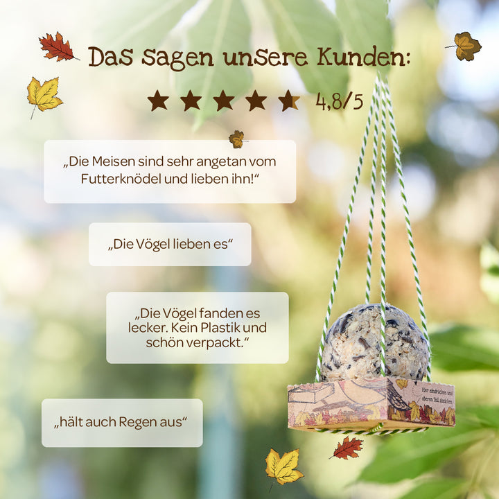 Ein aufgehängter Futterknödel für Vögel mit Kundenbewertungen auf Deutsch und einer Sternebewertung von 4,8 von 5, umgeben von herbstlichen Blättern.