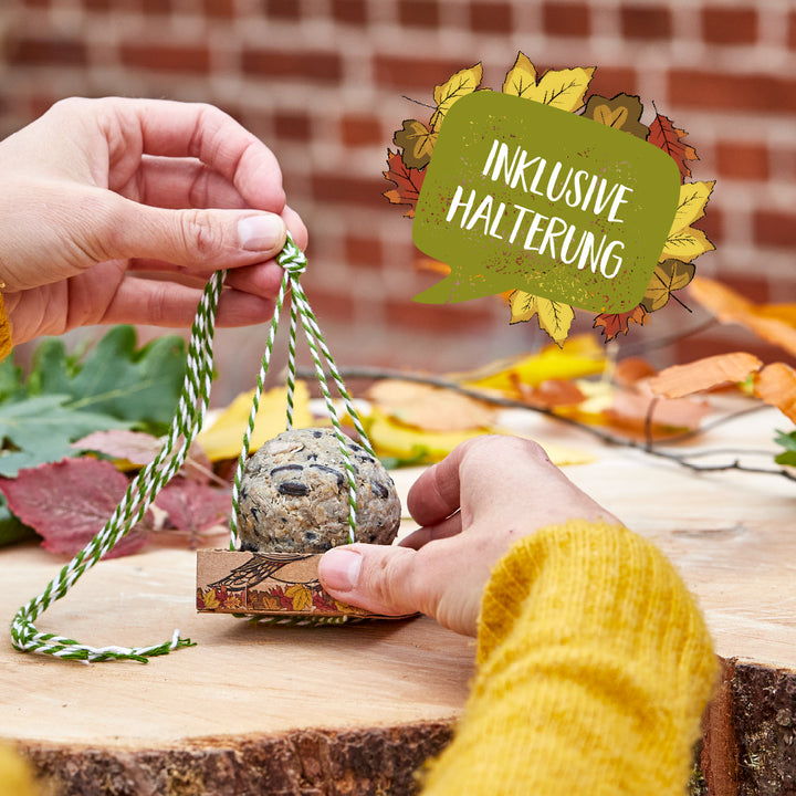 Zwei Hände halten eine Meisenknödel-Halterung mit grün-weißer Kordel, im Hintergrund herbstliche Blätter und ein Schild mit der Aufschrift "Inklusive Halterung".