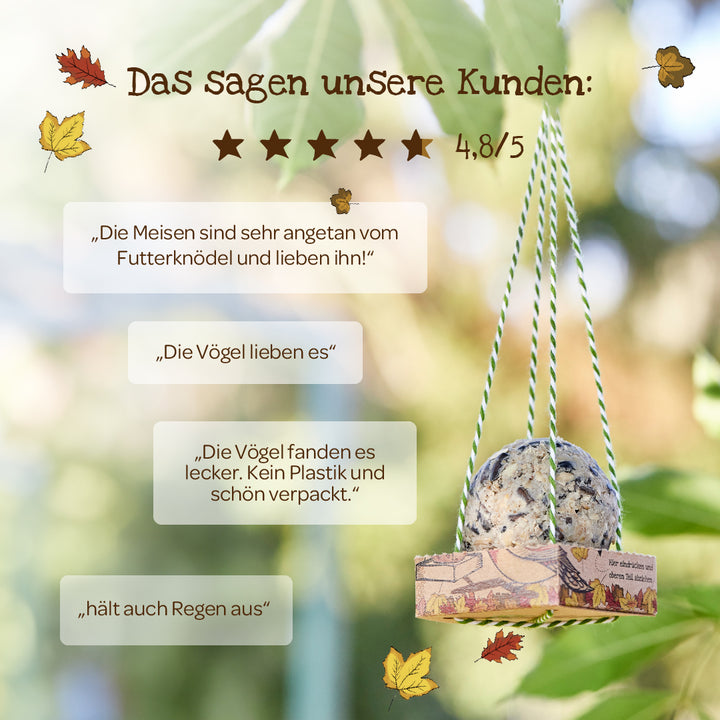 Kundenbewertungen zu einem Futterknödel für Vögel mit Sternbewertung 4,8 von 5, positiven Zitaten und einem aufgehängten Futterknödel im Vordergrund, umgeben von herbstlichen Blättern.
