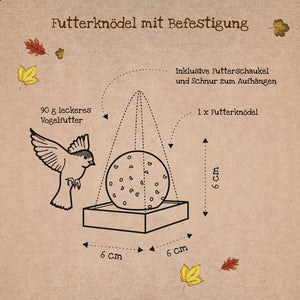 Illustration eines Futterknödels mit Befestigung, Vogelzeichnung, Abmessungen 6x6x6 cm, herbstliche Blätter und deutsche Beschriftungen.