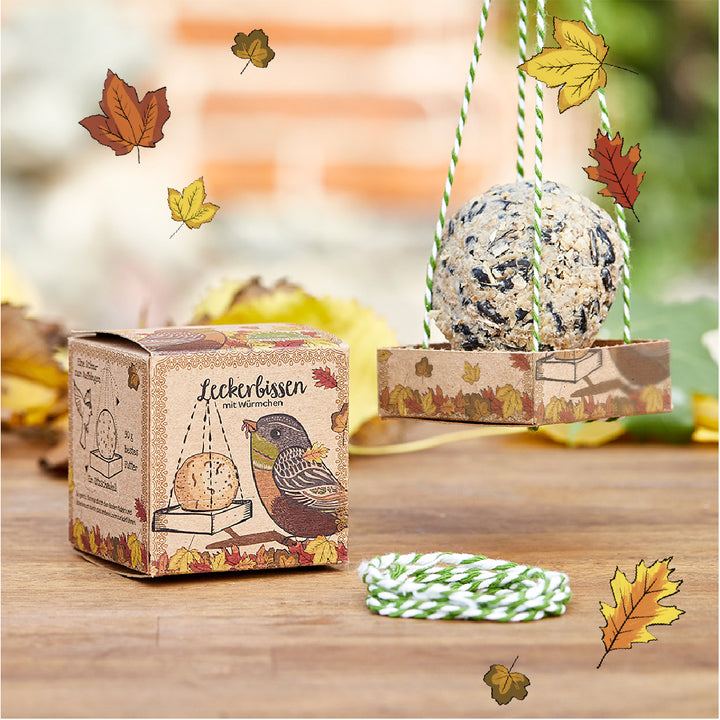 Futterkugel für Vögel in dekorativer Verpackung mit herbstlichen Blättern, daneben eine Kordel, fotografiert auf einem Holztisch im Freien.
