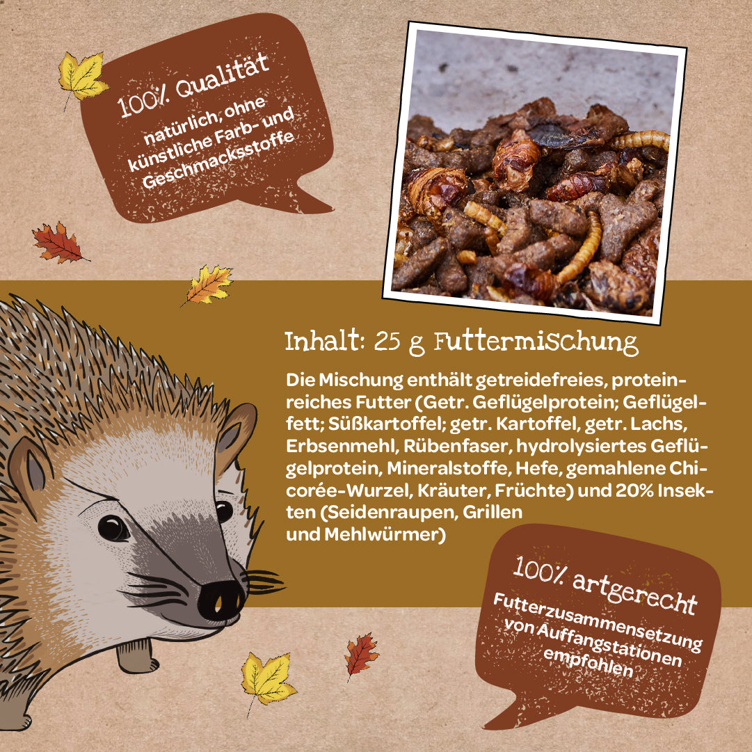 Illustration von einem Igel, daneben Text über die Qualität und Inhaltsstoffe einer Futtermischung für Igel sowie ein Foto der Futtermischung mit Insekten und Futterstücken.