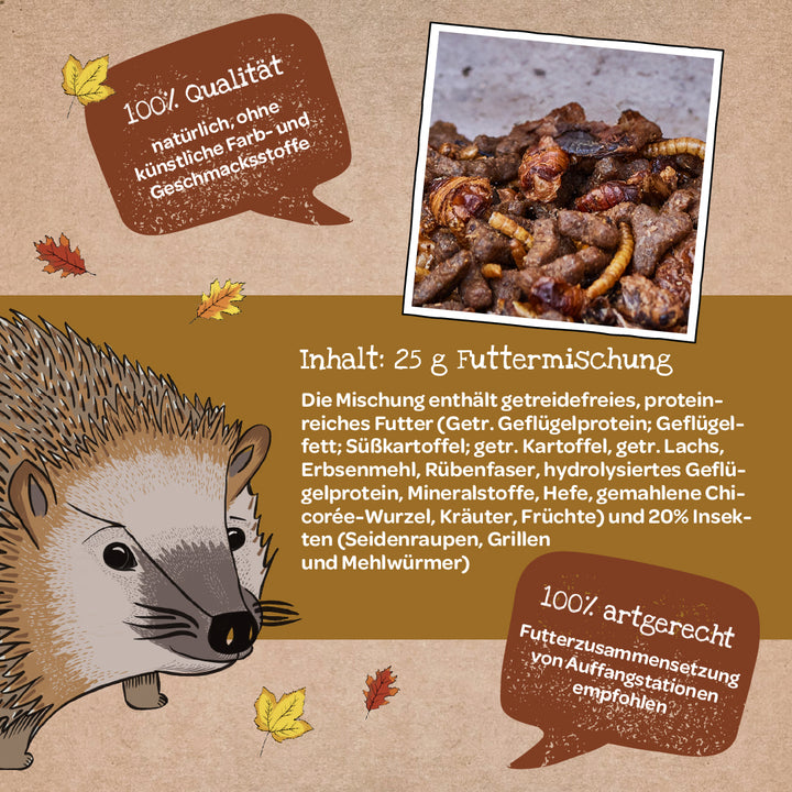 Illustration von einem Igel, daneben Text über die Qualität und Inhaltsstoffe einer Futtermischung für Igel sowie ein Foto der Futtermischung mit Insekten und Futterstücken.