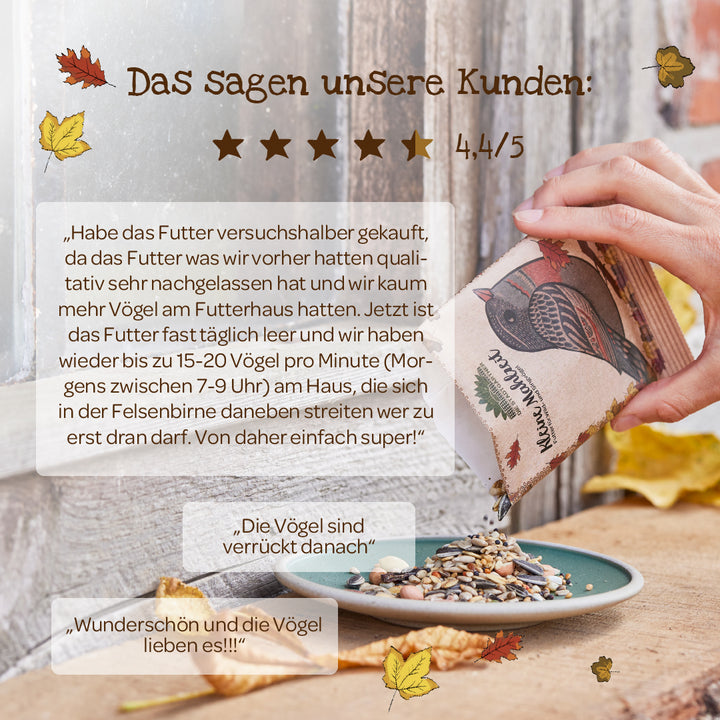 Eine Hand schüttet Vogelfutter aus einer Tüte mit Vogel-Aufdruck auf einen kleinen Teller, daneben herbstliche Blätter und verschiedene Kundenbewertungen zum Vogelfutter auf Deutsch.