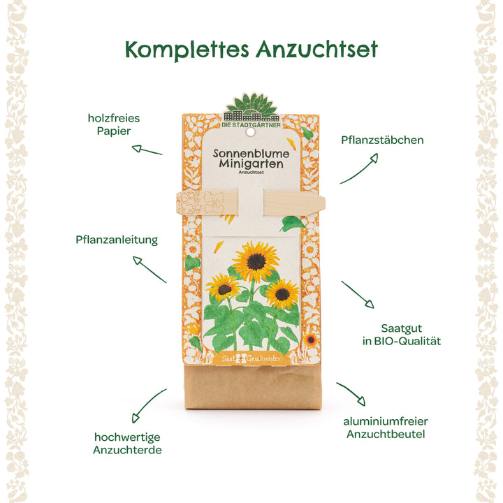 Komplettes Anzuchtset für Sonnenblumen, bestehend aus holzfreiem Papier, Pflanzstäbchen, Pflanzanleitung, hochwertiger Anzuchterde, Saatgut in Bio-Qualität und aluminiumfreiem Anzuchtbeutel.