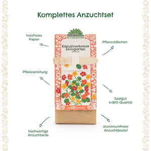 Komplettes Anzuchtset für Kapuzinerkresse mit Pflanzanleitung, Pflanzstäbchen, BIO-Saatgut, hochwertiger Anzuchterde, holzfreiem Papier und aluminiumfreiem Anzuchtbeutel.