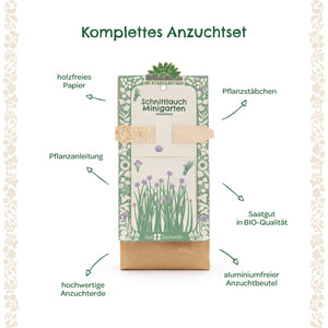 Komplettes Anzuchtset für Schnittlauch mit holzfreiem Papier, Pflanzstäbchen, Pflanzanleitung, hochwertiger Anzuchterde, BIO-Saatgut und aluminiumfreiem Anzuchtbeutel.