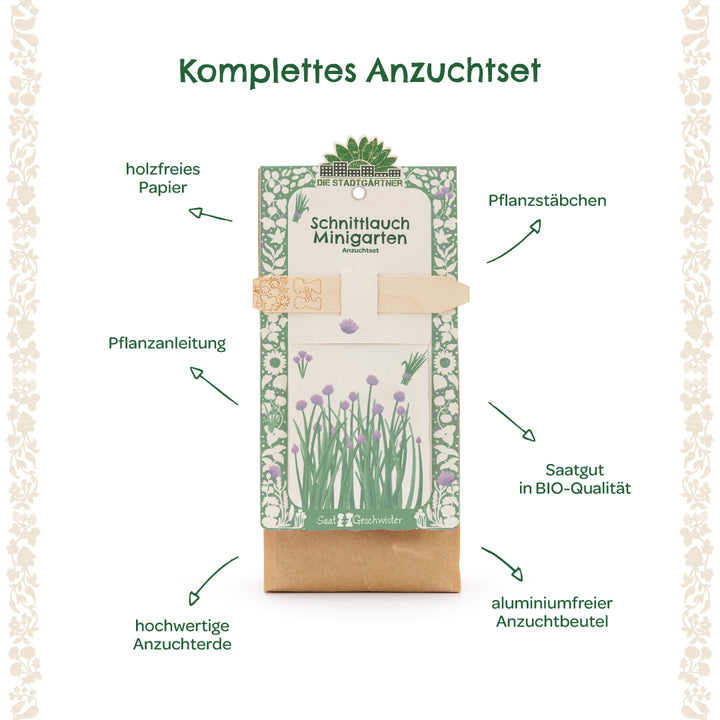 Komplettes Anzuchtset für Schnittlauch mit holzfreiem Papier, Pflanzstäbchen, Pflanzanleitung, hochwertiger Anzuchterde, BIO-Saatgut und aluminiumfreiem Anzuchtbeutel.