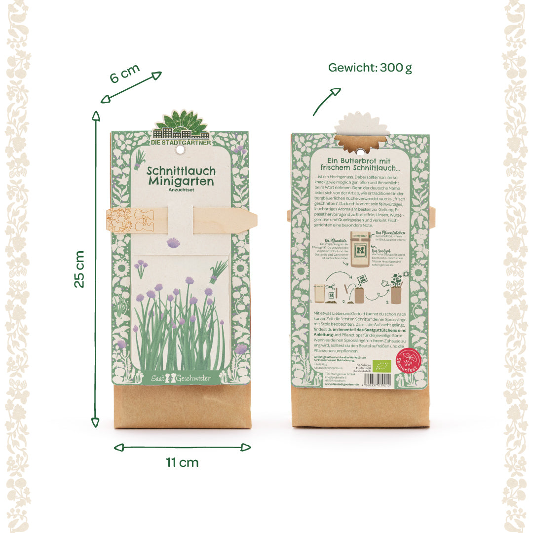 Zwei Packungen eines Schnittlauch Minigarten Anzuchtsets mit grün-weißem Blumenmuster, Maße 25 x 11 x 6 cm, Gewicht 300 g, Vorder- und Rückseite sichtbar, Produktinformationen auf Deutsch.