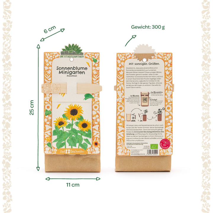 Zwei Sonnenblume Mini-Garten Anzuchtsets von Die Stadtgärtner, Vorder- und Rückseite der Verpackung mit sonnigem Design, Maßen und Gewichtsbeschreibung.