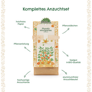 Komplettes Anzuchtset für Physalis mit holzfreiem Papier, Pflanzstäbchen, Pflanzanleitung, BIO-Saatgut, hochwertiger Anzuchterde und aluminiumfreiem Anzuchtbeutel.