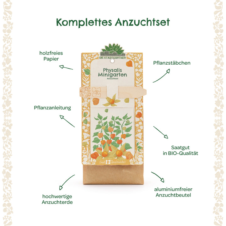 Komplettes Anzuchtset für Physalis mit holzfreiem Papier, Pflanzstäbchen, Pflanzanleitung, BIO-Saatgut, hochwertiger Anzuchterde und aluminiumfreiem Anzuchtbeutel.