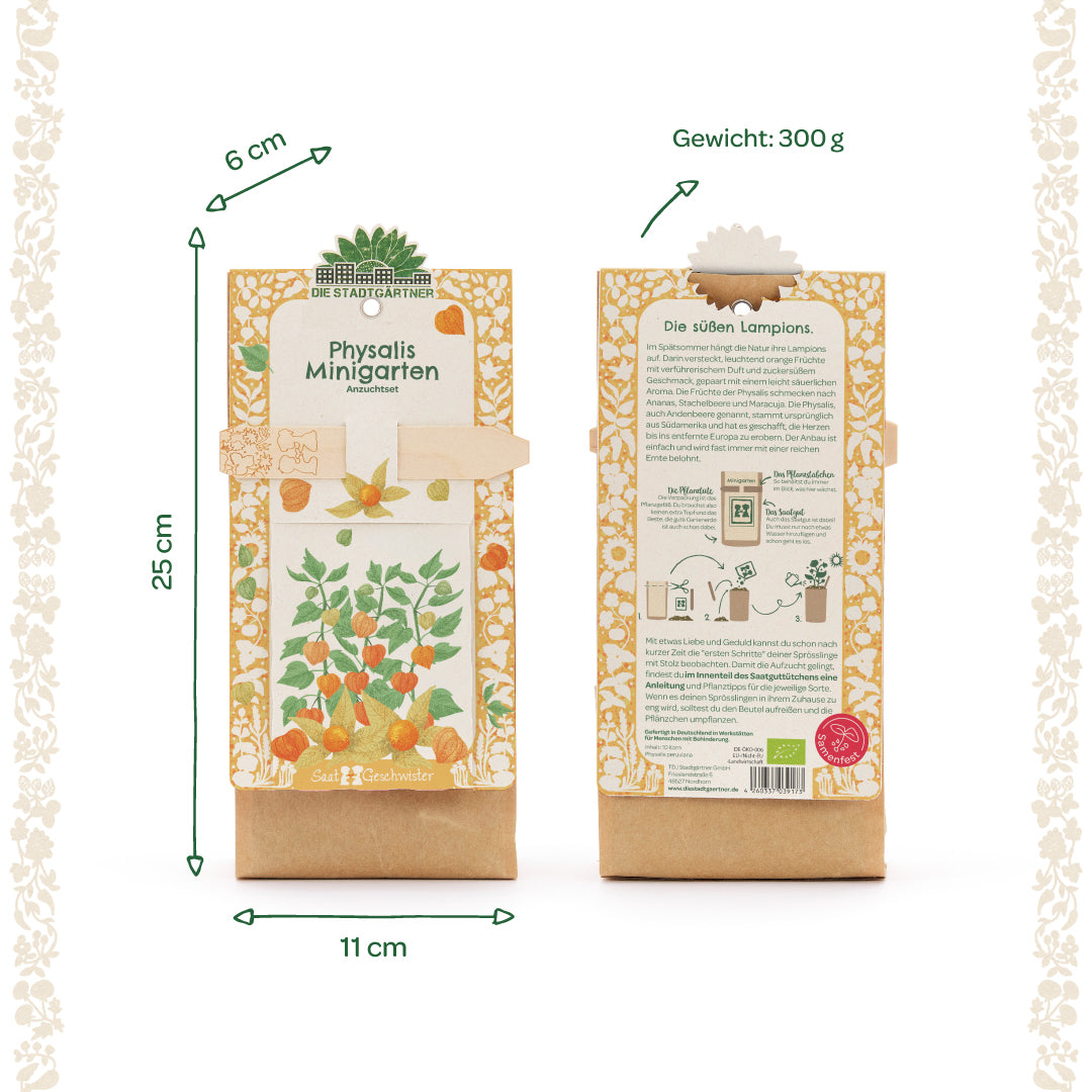 Zwei Ansichten eines Physalis Minigarten Anzuchtsets in Verpackung mit abgebildeten Pflanzen, Maßen und Gewichtsangabe.