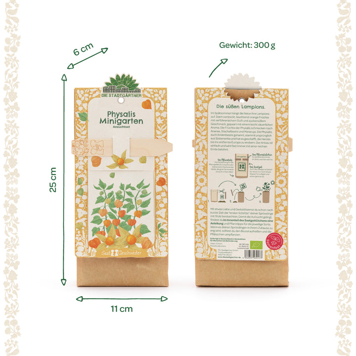 Zwei Ansichten eines Physalis Minigarten Anzuchtsets in Verpackung mit abgebildeten Pflanzen, Maßen und Gewichtsangabe.