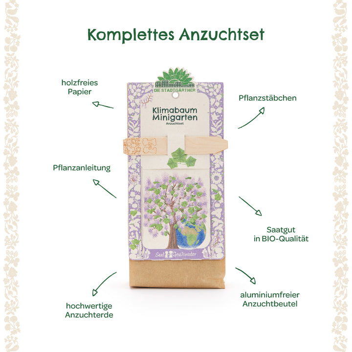 Komplettes Anzuchtset für einen Klimabaum-Minigarten mit Pflanzstäbchen, Pflanzanleitung, holzfreiem Papier, BIO-Saatgut, hochwertiger Anzuchterde und aluminiumfreiem Anzuchtbeutel.