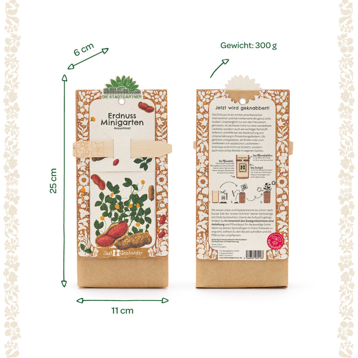 Vorder- und Rückseite eines Erdnuss Minigarten Anzuchtsets mit detaillierten Maßen und einem Gewicht von 300g, dekorativ gestaltet und mit Illustrationen von Erdnusspflanzen.